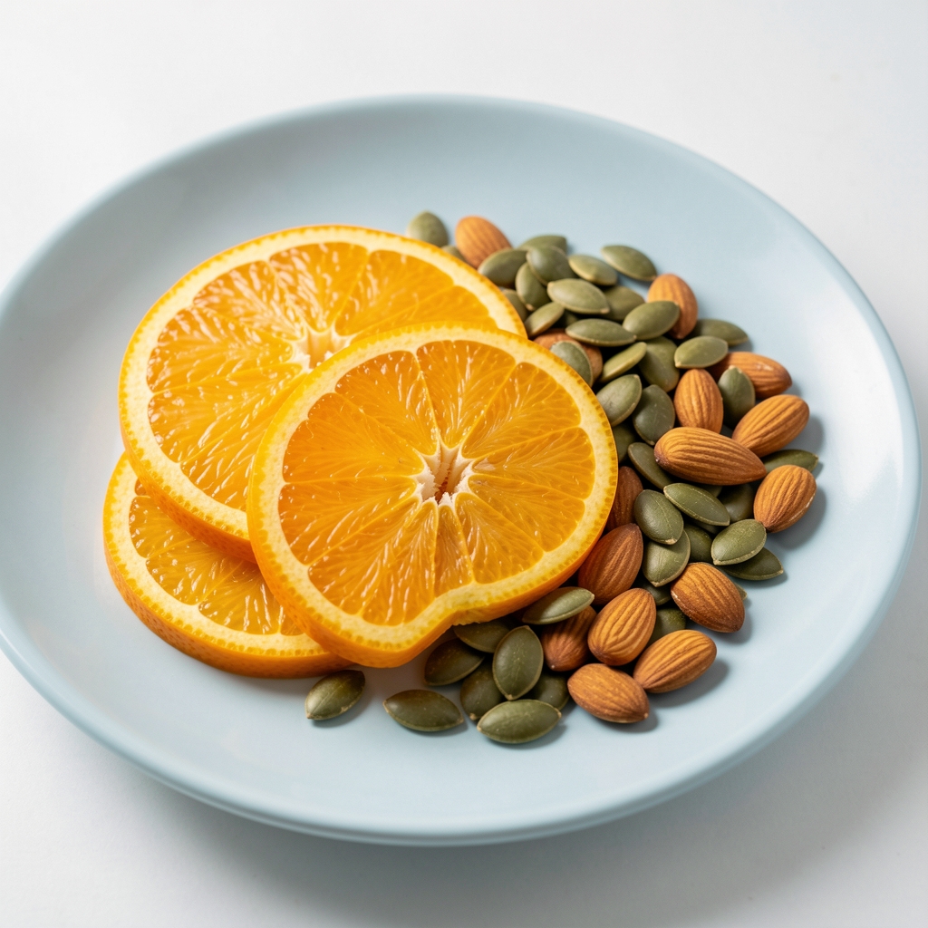 Sliced orange, pumpkin seeds and almonds arranged on a pale blue plate