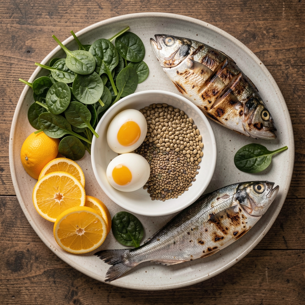 Top-down table of spinach, eggs, citrus, seeds and grilled fish arranged as a balanced food study