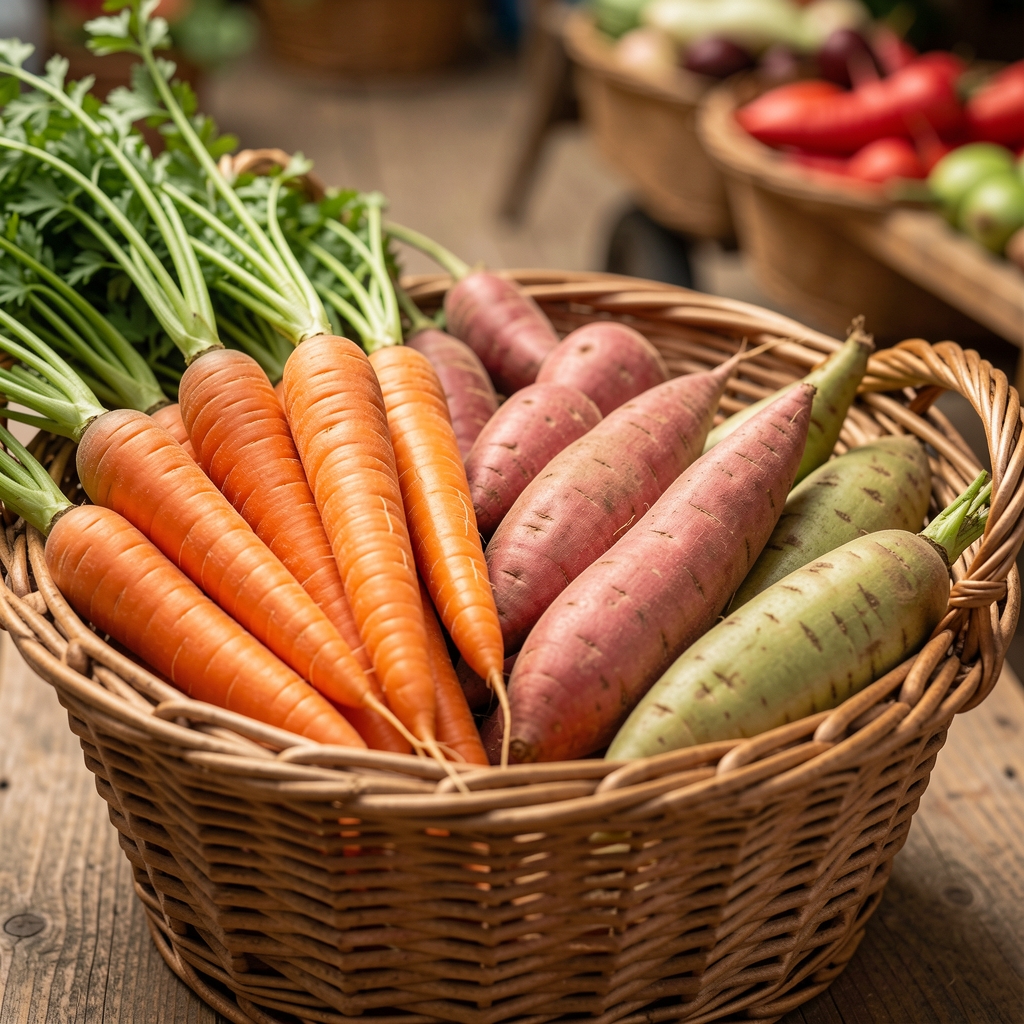 Colourful root vegetables including carrots and sweet potato in a woven market basket