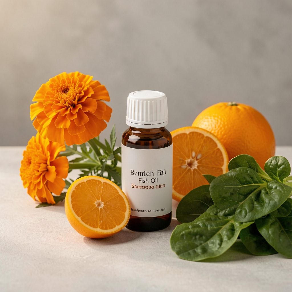Marigold, citrus, fish oil bottle and leafy greens arranged as a refined editorial still life