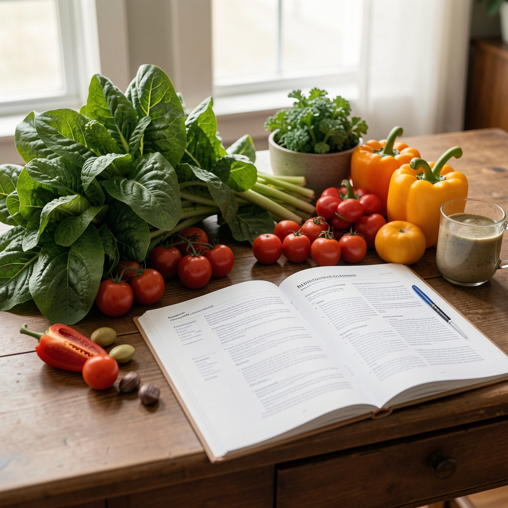Sunlit Durban editorial desk with leafy greens, colourful vegetables and open nutrition notes