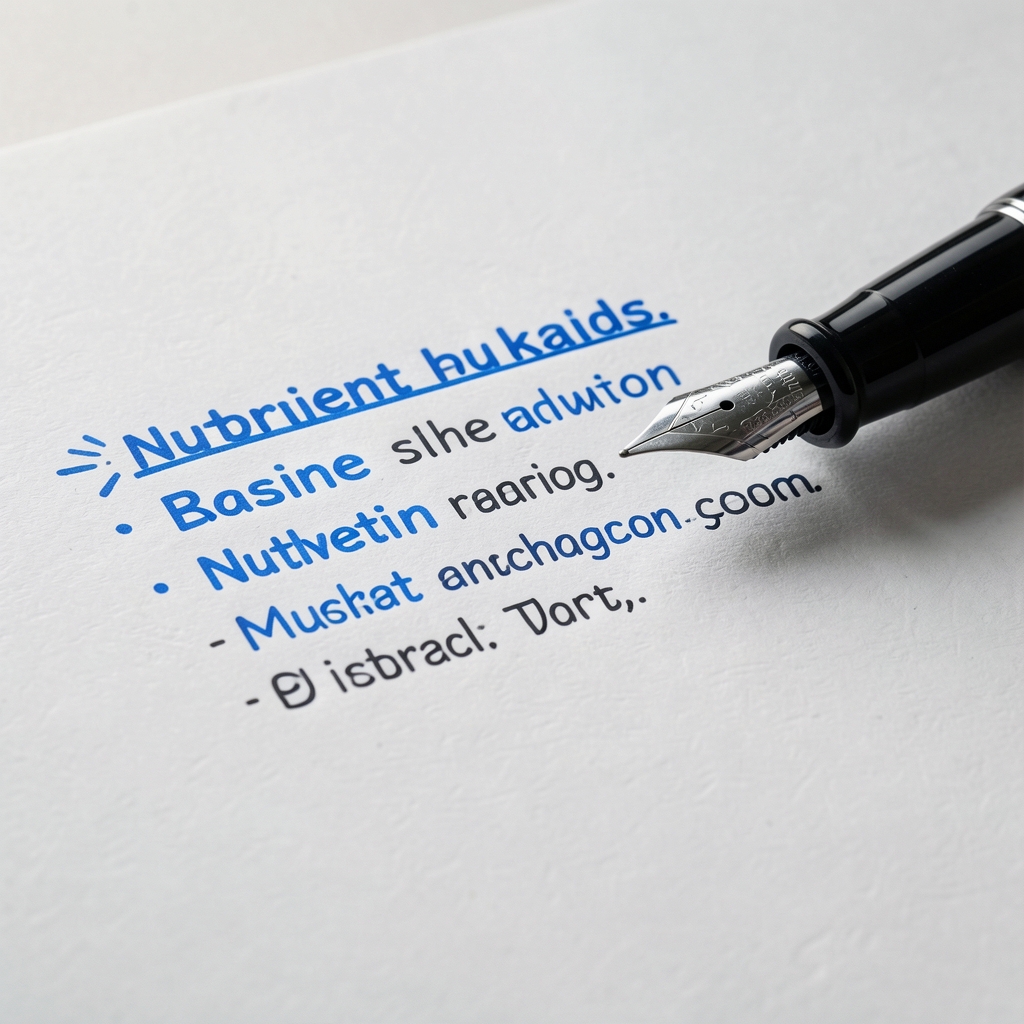 Close-up of blue editorial notes with highlighted nutrient terms and a fountain pen