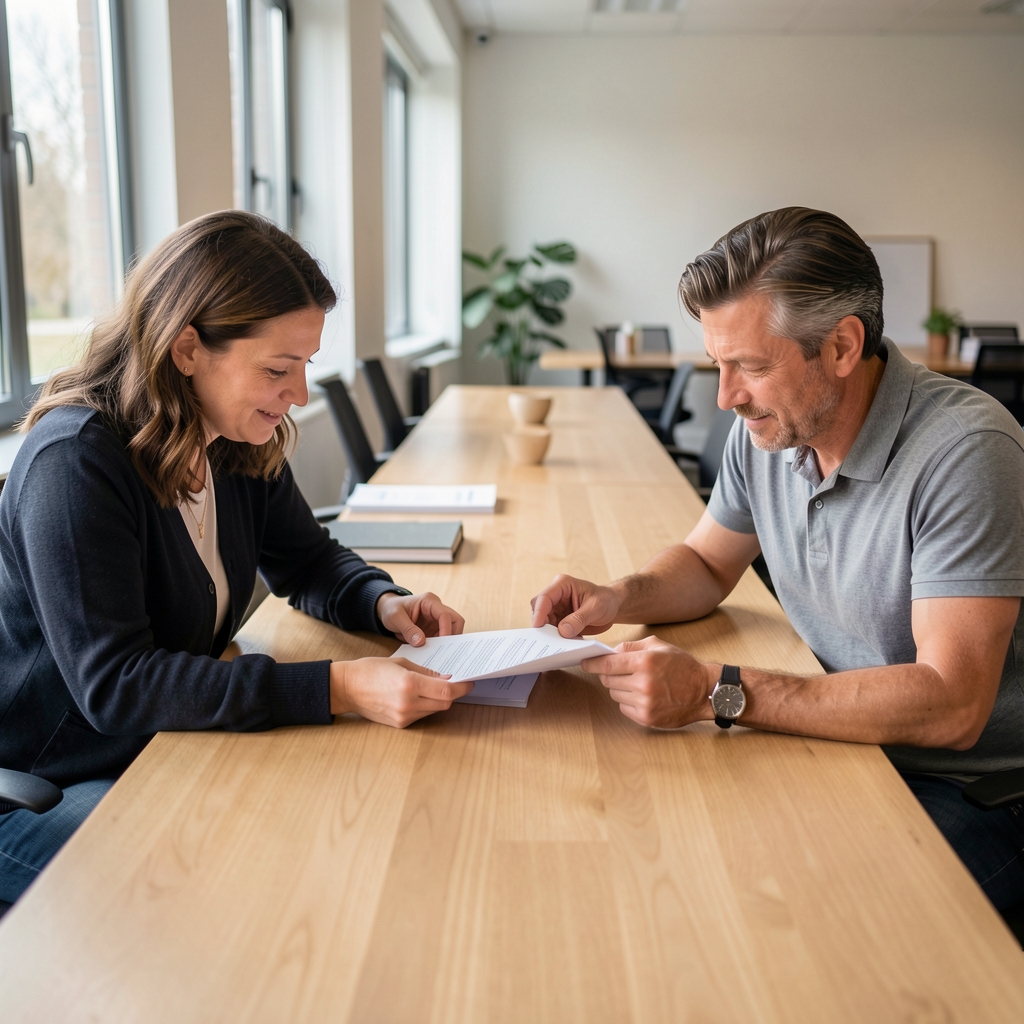Two people reviewing a printed article at a long table in a quiet workspace