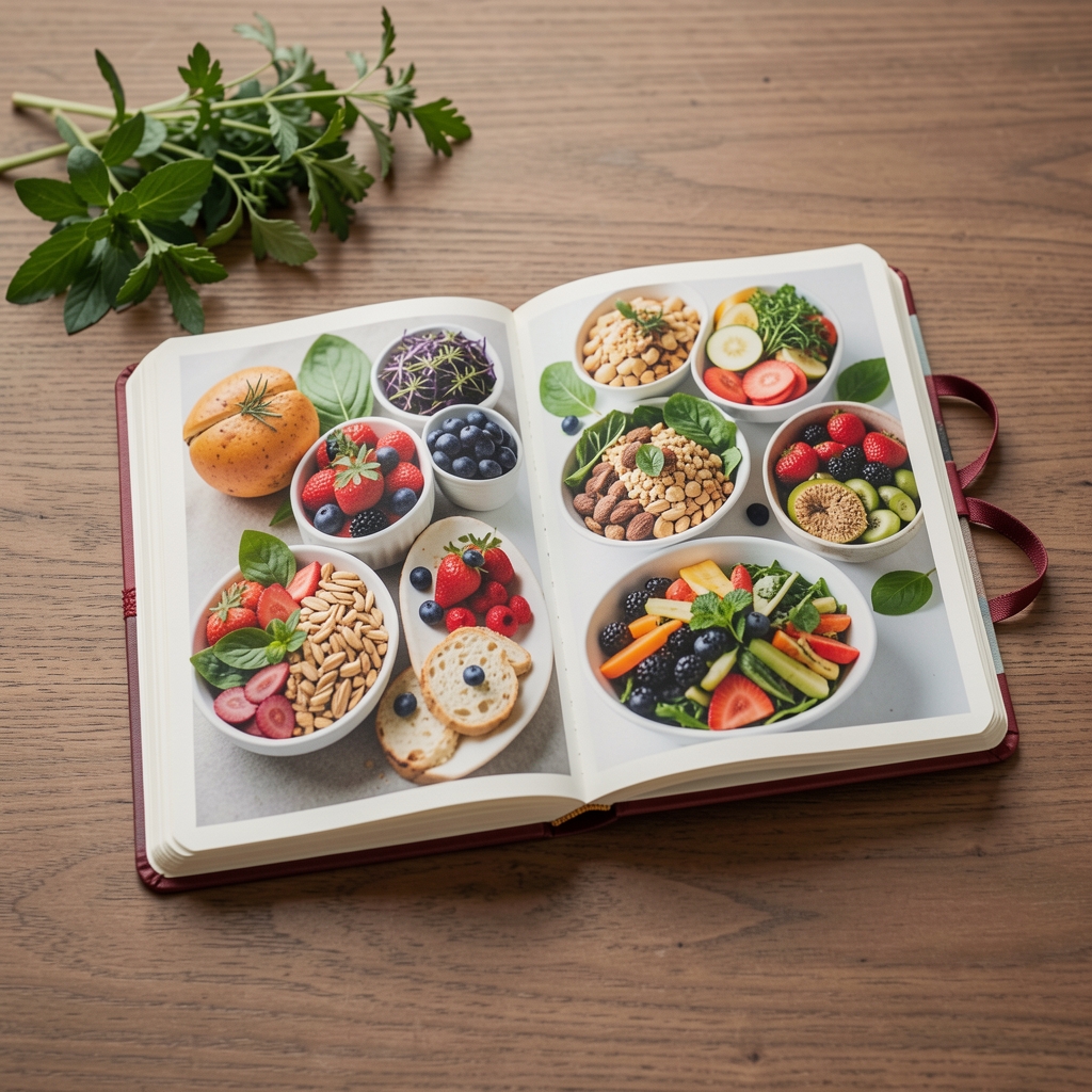 Open food journal showing colourful meal observations beside fresh herbs