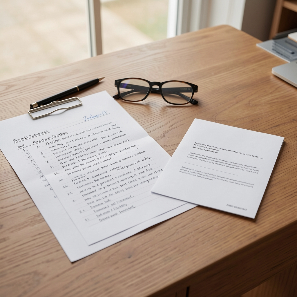 Editorial desk with formula notes, reading glasses and a neatly folded product leaflet