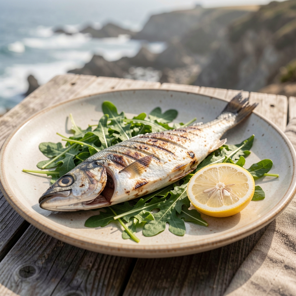 Grilled fish, rocket leaves and lemon on a ceramic plate in coastal light
