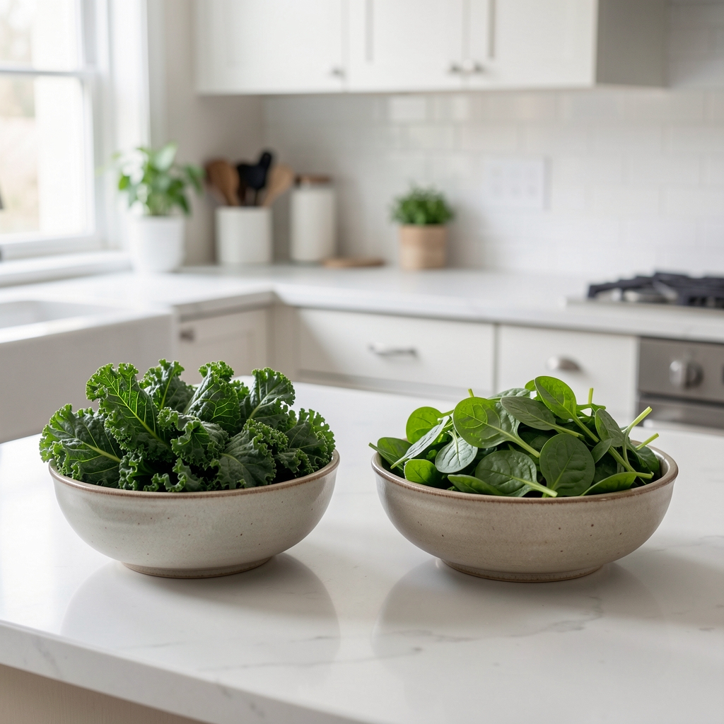 Fresh kale, spinach and rocket leaves in ceramic bowls on a bright kitchen counter