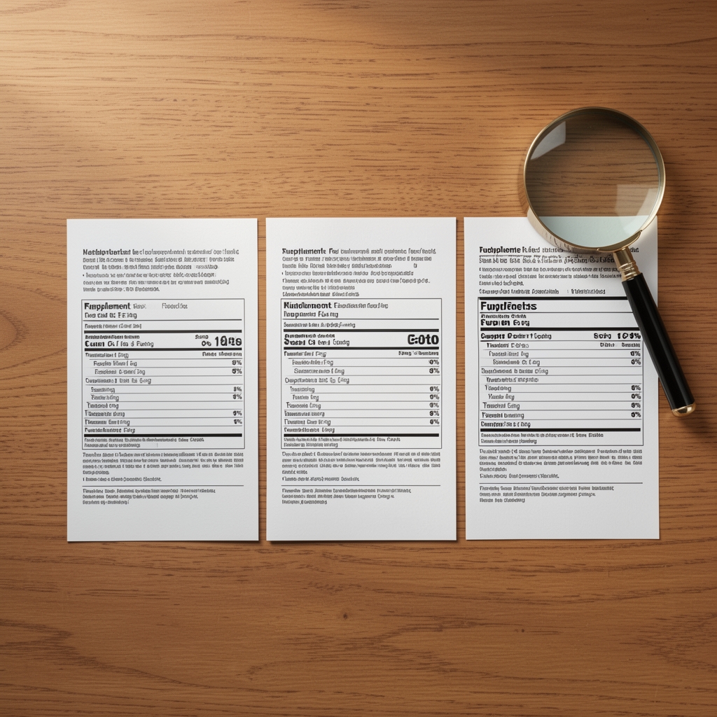 Three supplement labels laid flat on a wooden desk beside a magnifying glass for side-by-side comparison