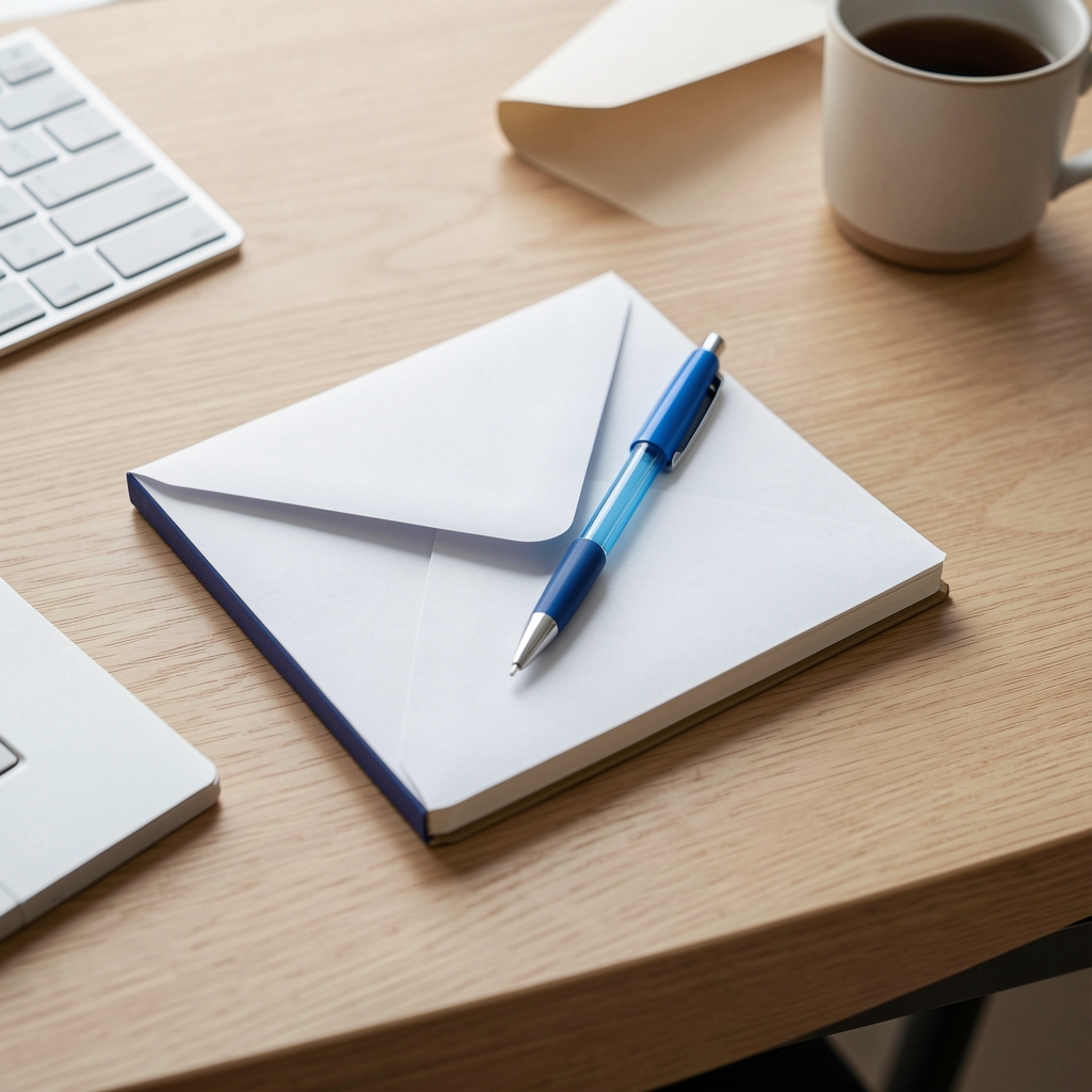 Minimal writing desk with envelope notebook and blue pen prepared for an editorial enquiry