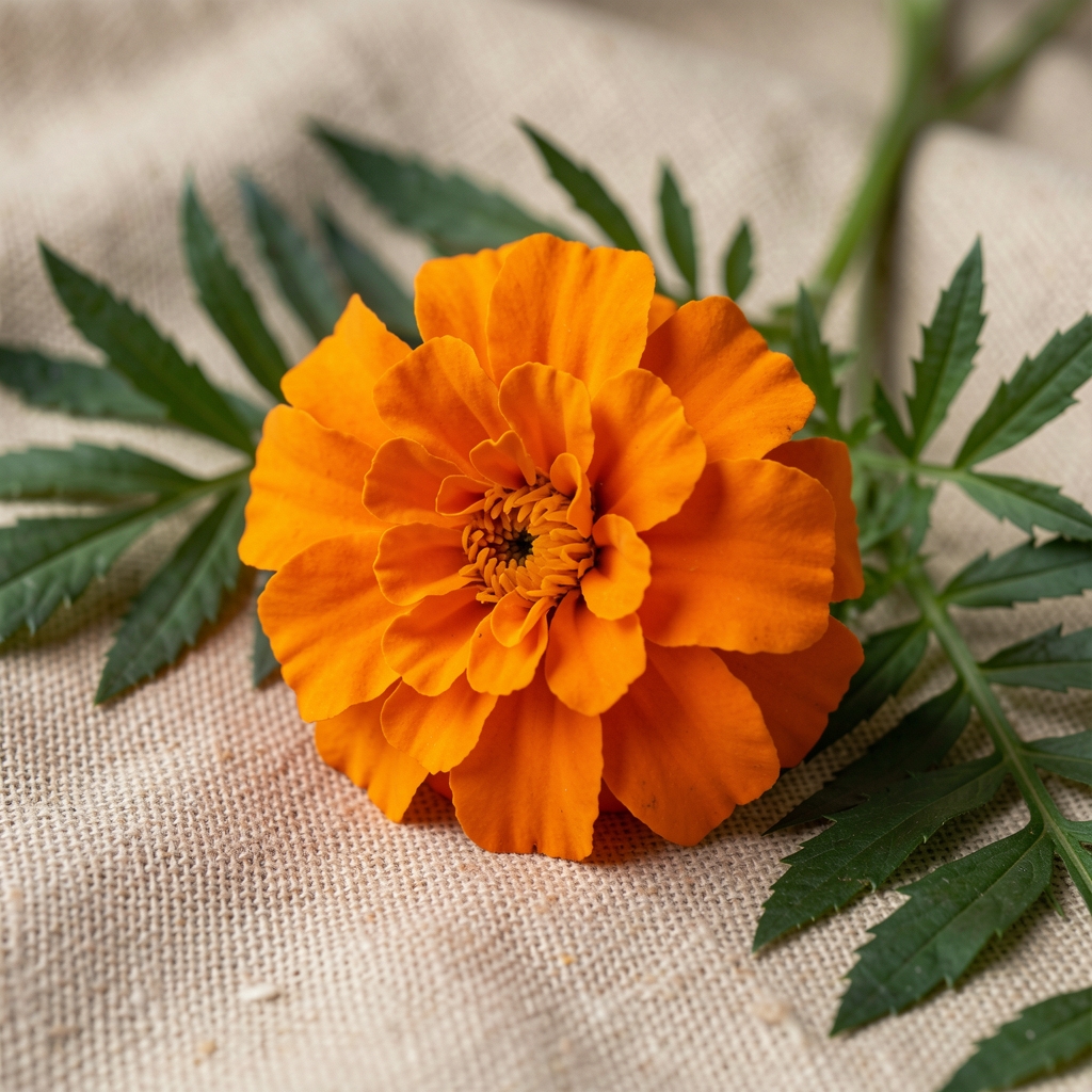 Close view of orange marigold petals with green leaves on a linen cloth