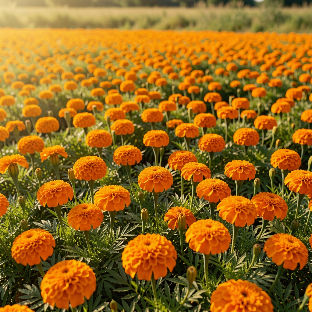 Rows of orange marigold flowers growing in a sunlit field
