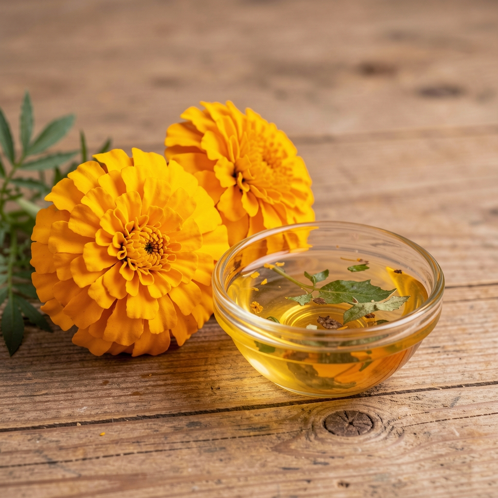 Golden marigold flowers beside a small glass bowl of botanical extract on a natural wood surface
