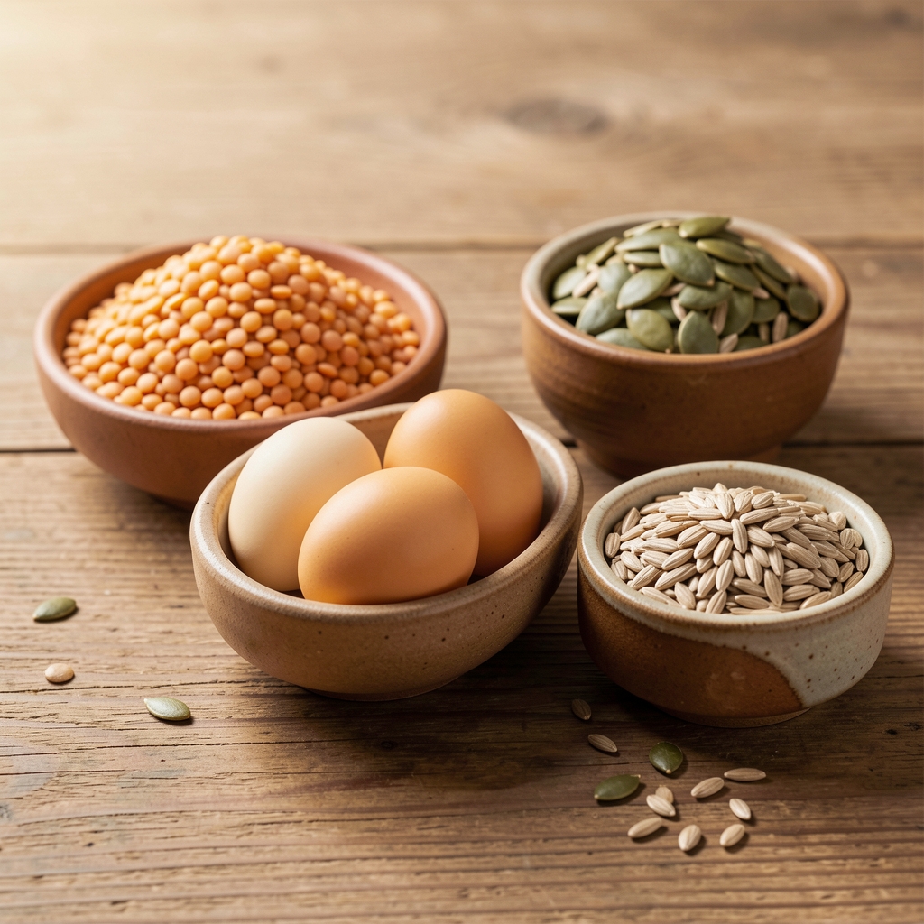 Eggs, lentils, pumpkin seeds and whole grains displayed in small ceramic dishes