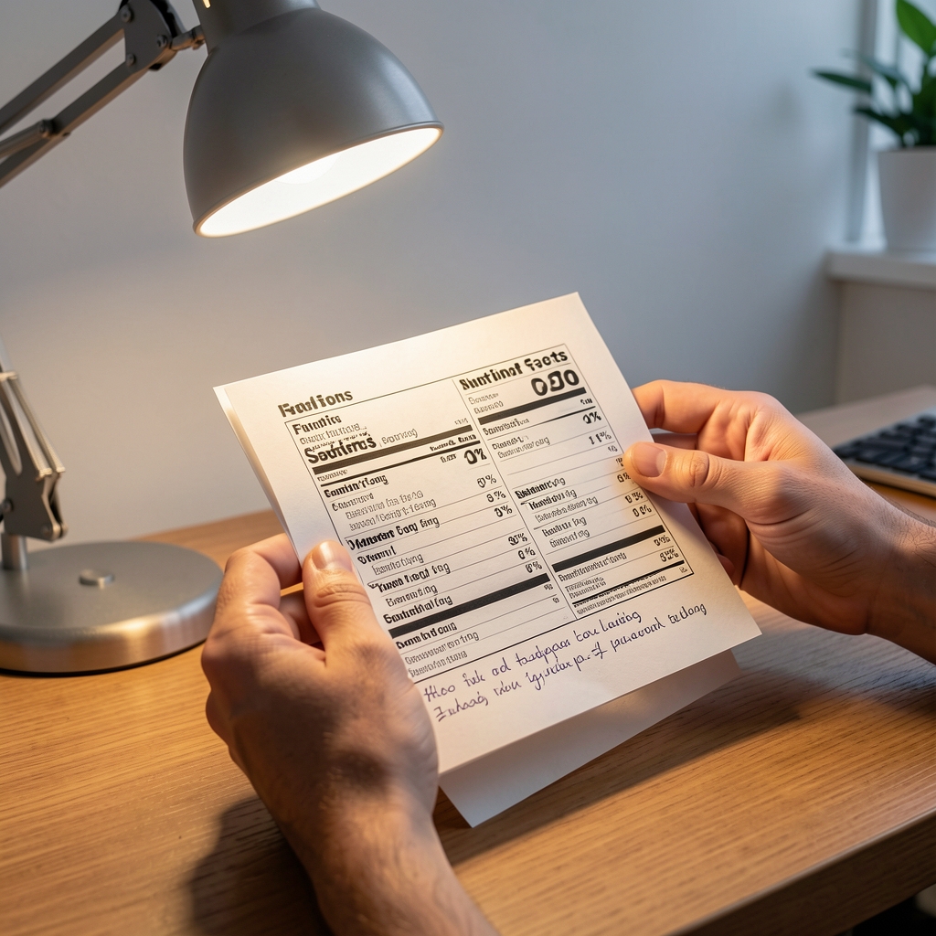 Hands comparing a food label with handwritten notes under a desk lamp