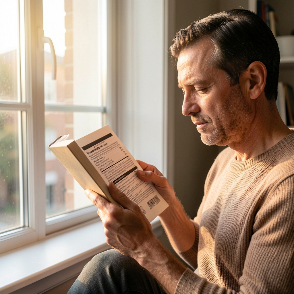 Reader studying a supplement label beside a window with soft afternoon light