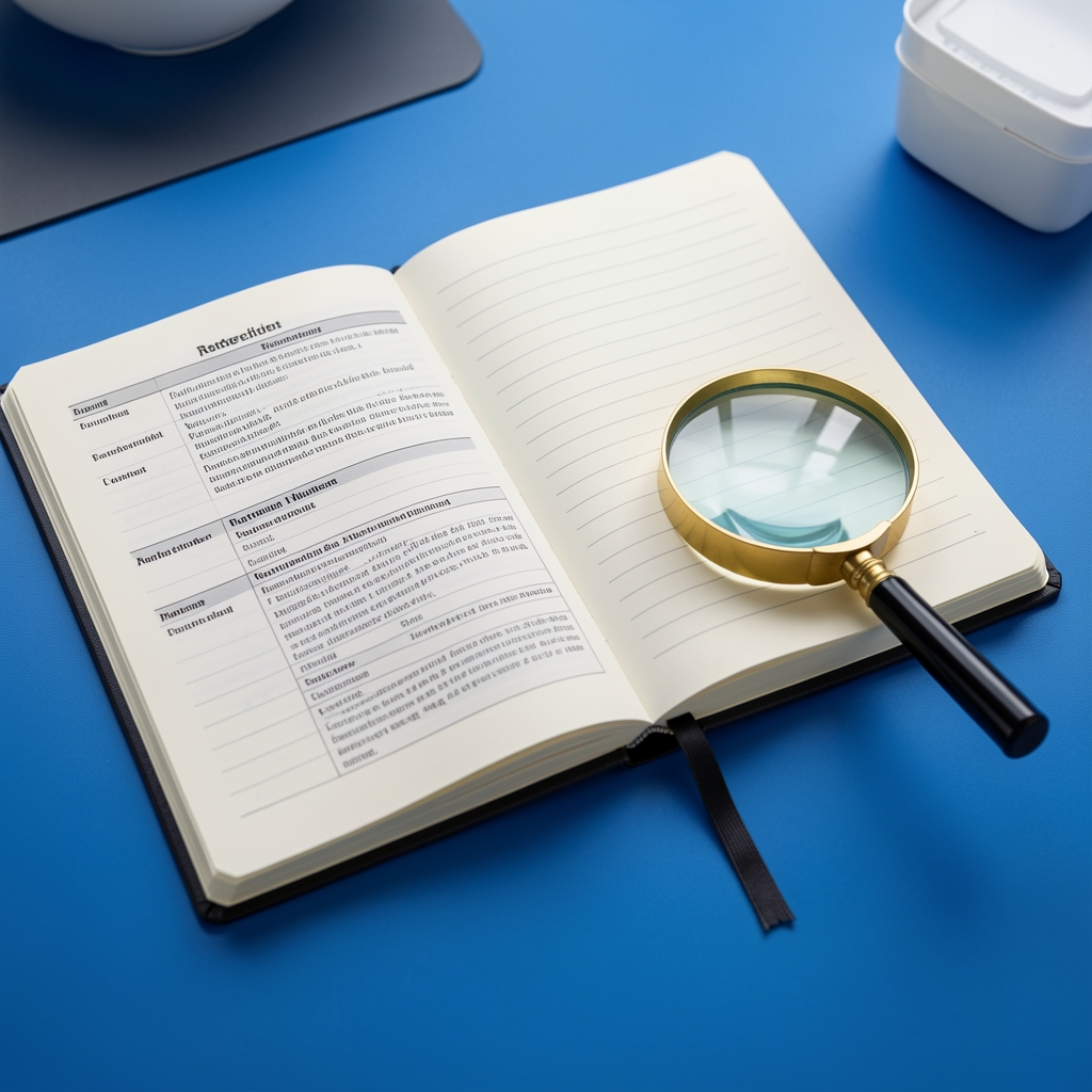 Open research notebook beside printed nutrient references and a magnifying glass on a blue desk