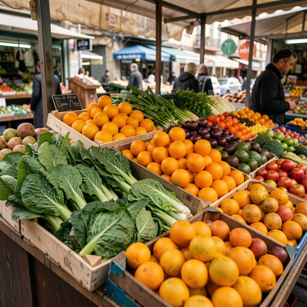 South African market stall with leafy greens citrus fruit and colourful produce