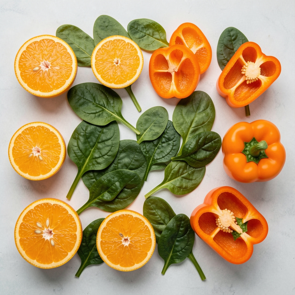 Flat lay of citrus fruit spinach leaves and orange bell peppers arranged for a nutrient photography study
