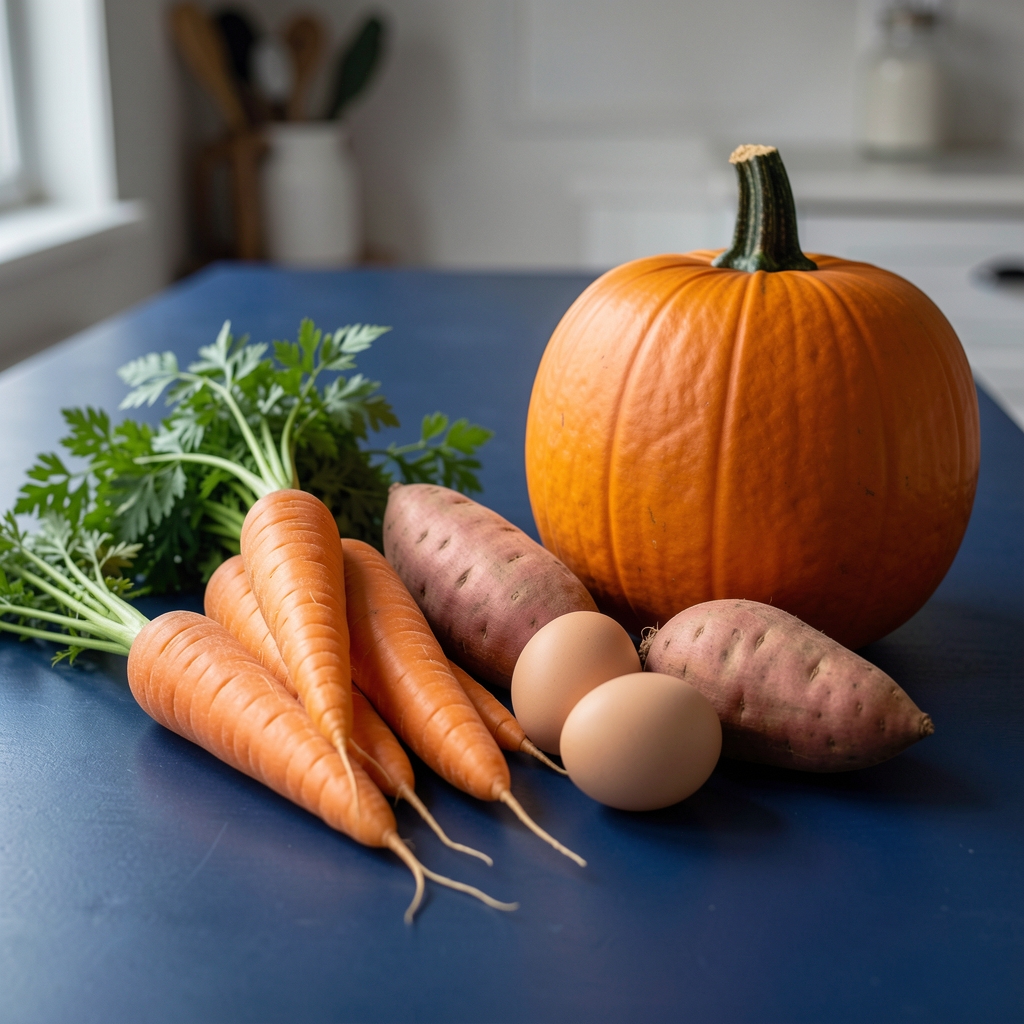 Carrots, sweet potato, eggs and pumpkin arranged on a dark blue kitchen table
