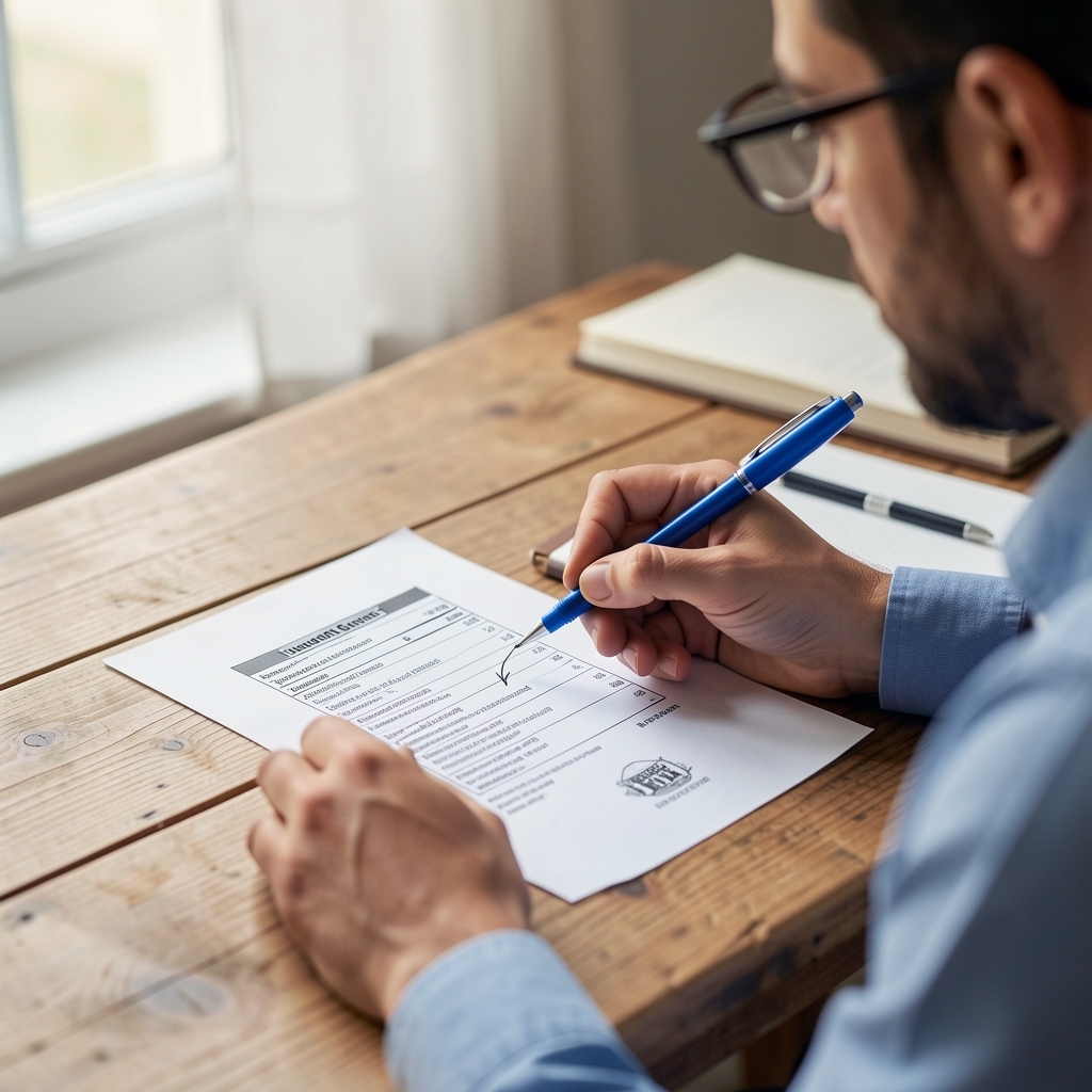 Writer annotating a supplement label with a blue pen at a wooden desk